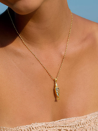 Dolphina 18K Gold Non-Tarnish Vintage Abalone Fish Necklace: Yellow Gold