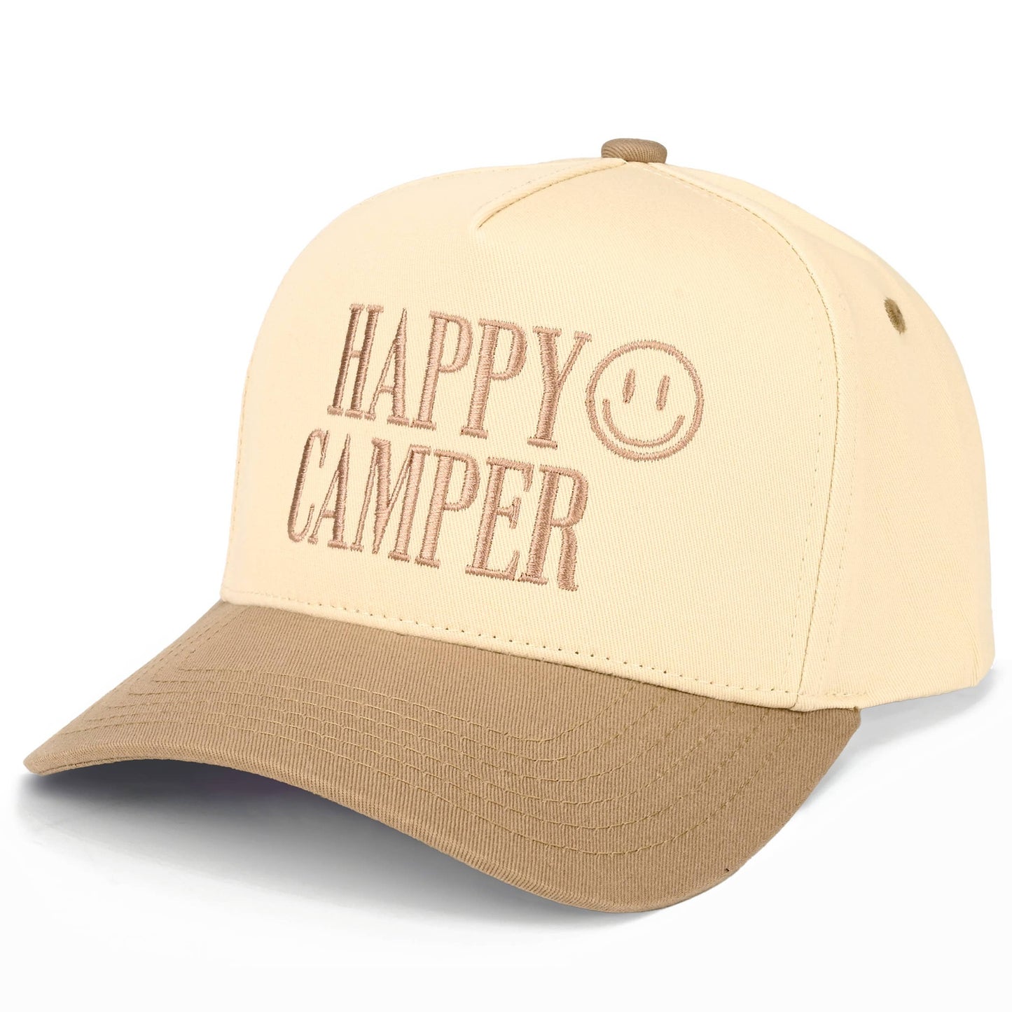 C.C HAPPY CAMPER Letter Embroidered on Two Tone Trucker Hat: Dark Green
