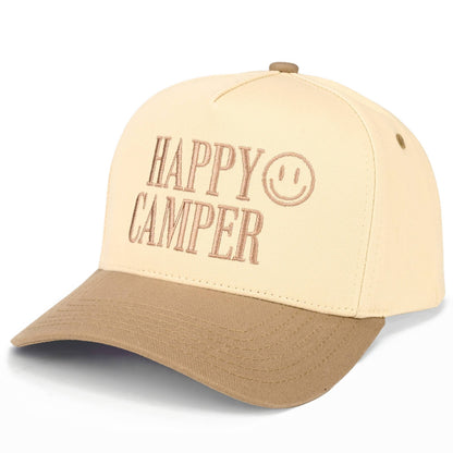 C.C HAPPY CAMPER Letter Embroidered on Two Tone Trucker Hat: Dark Green