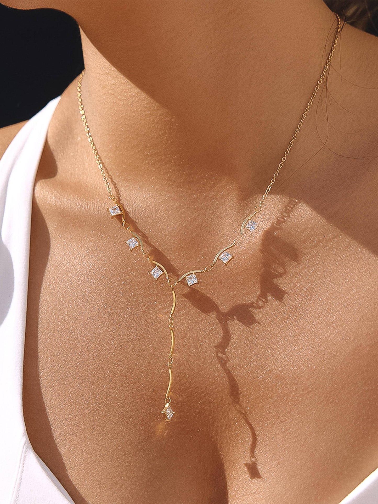 Yonder 18K Gold Non-Tarnish CZ Y Drop Necklace: Yellow Gold