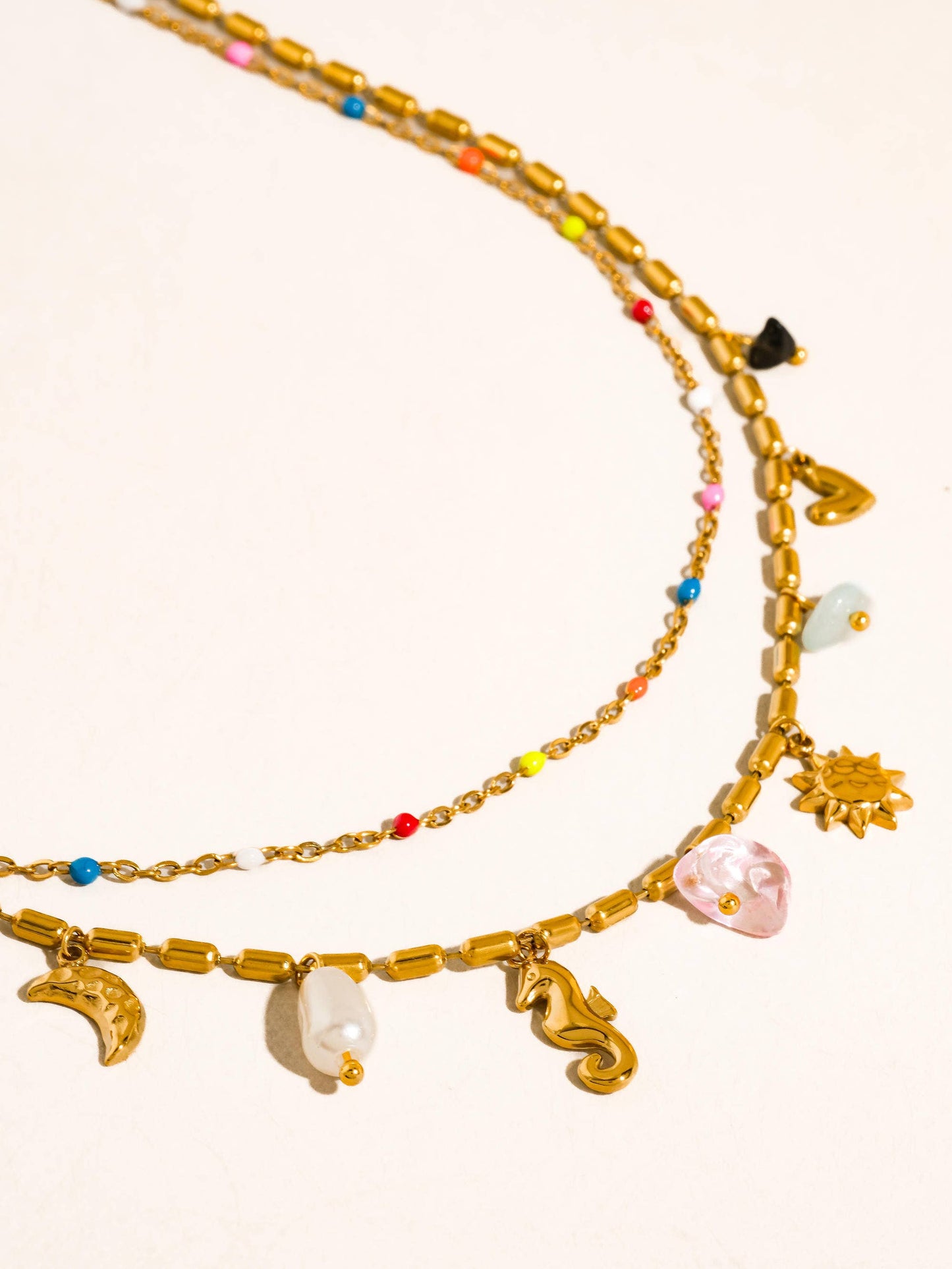 Ninah 18K Gold Non-Tarnish Seahorse Charm Layered Necklace: Multi-Colored