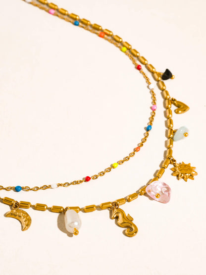 Ninah 18K Gold Non-Tarnish Seahorse Charm Layered Necklace: Multi-Colored