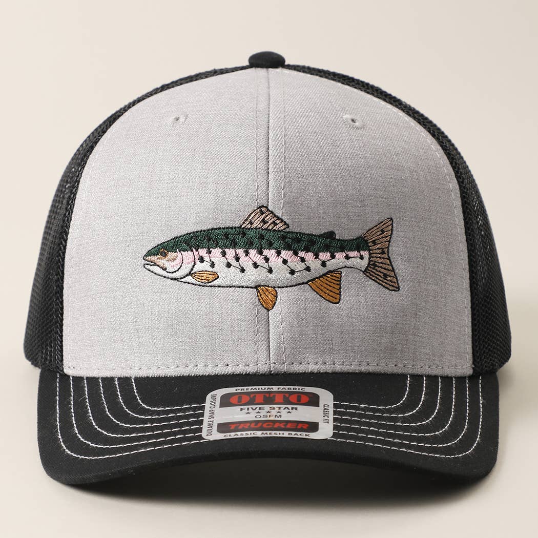 Rainbow Trout Fish Embroidered Mesh Back Trucker Hat: Black/Heather Gray/Black / ONE SIZE
