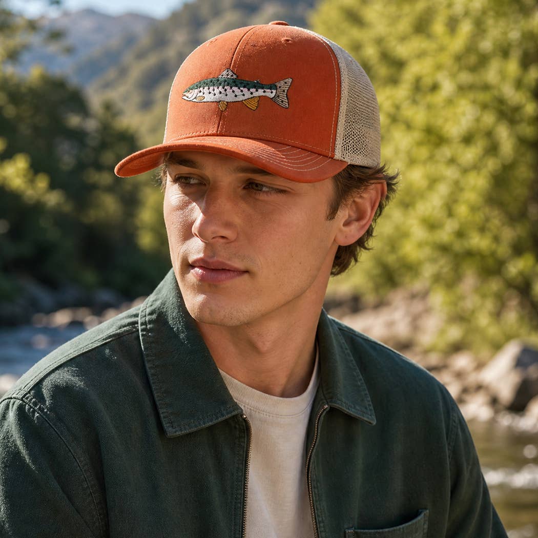 Rainbow Trout Fish Embroidered Mesh Back Trucker Hat: Black/Heather Gray/Black / ONE SIZE