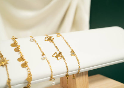 18K Gold PVD Stainless Steel Pearl Charm Anklet : Gold