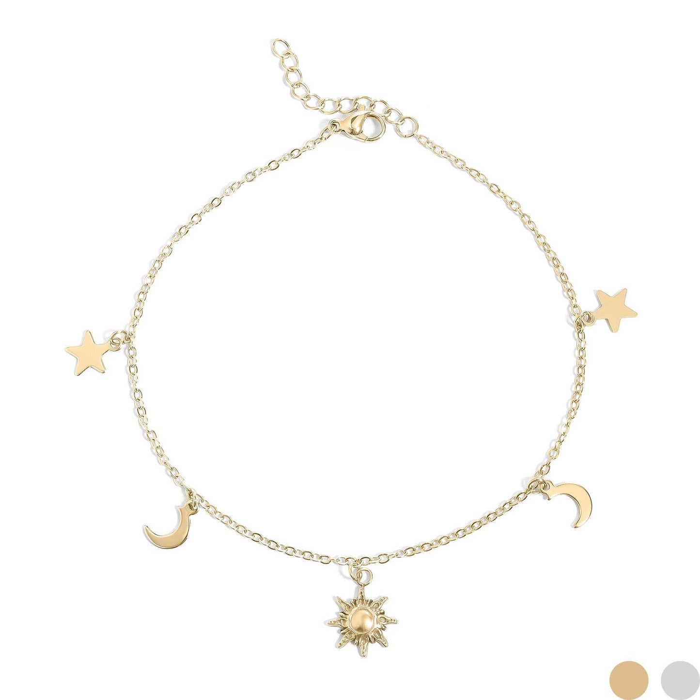 18K Gold PVD Stainless Steel Moon & Star Charm Anklet: Stainless