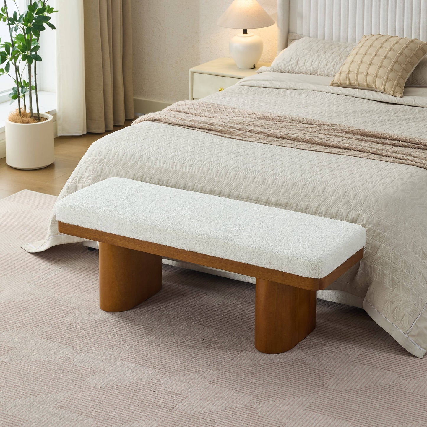 47.5" Wood Bed Bench Ottoman, Teddy Velvet Entryway Bench: Walnut