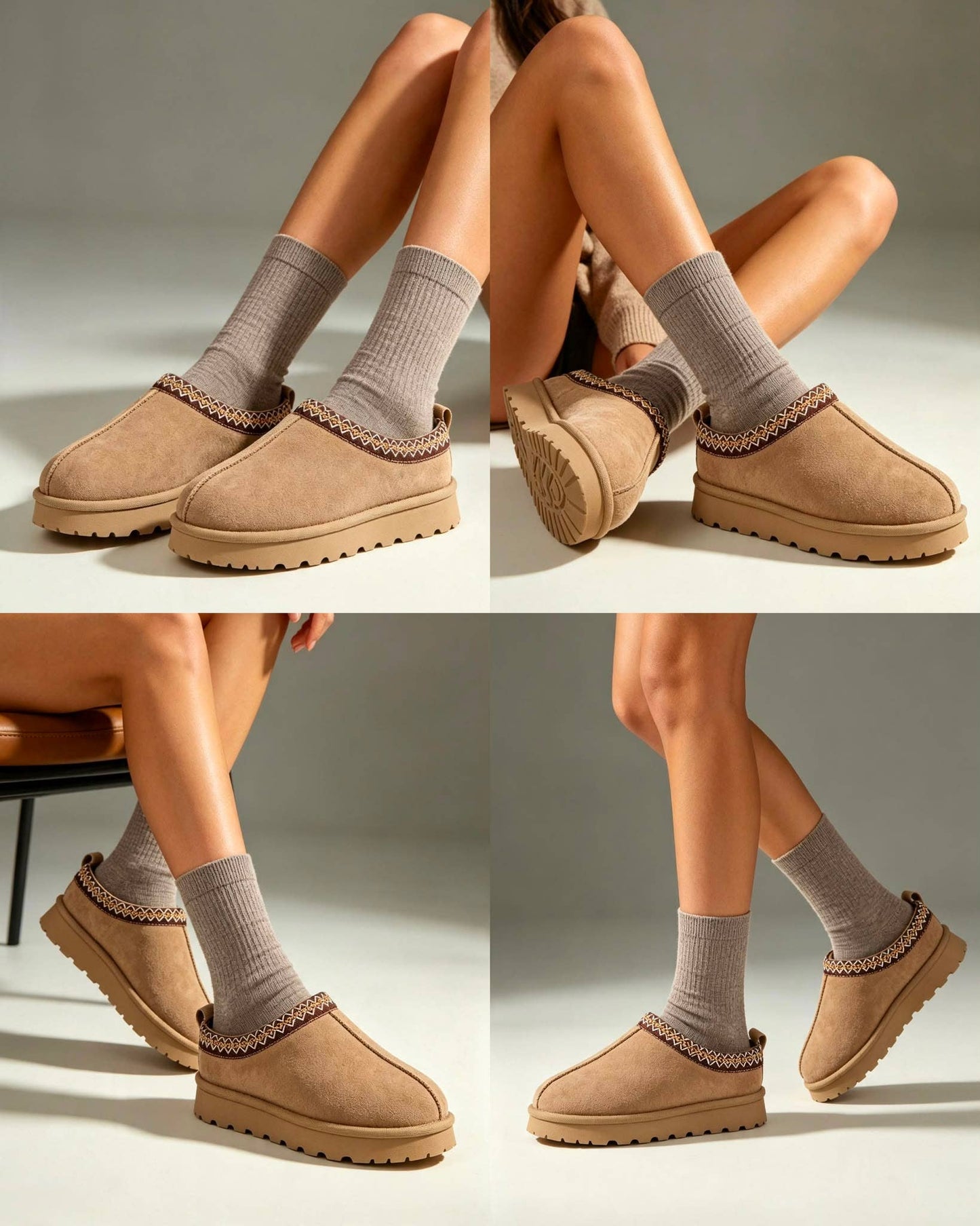 WOMENS FAUX SUEDE EMBROIDERED COZY SLIPPERS BOOTS: CAMEL / Standard / UK7/US9