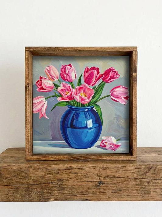 Tulips in a Blue Vase Still Life Framed Small Wood Sign