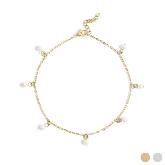 18K Gold PVD Stainless Steel Pearl Charm Anklet : Gold