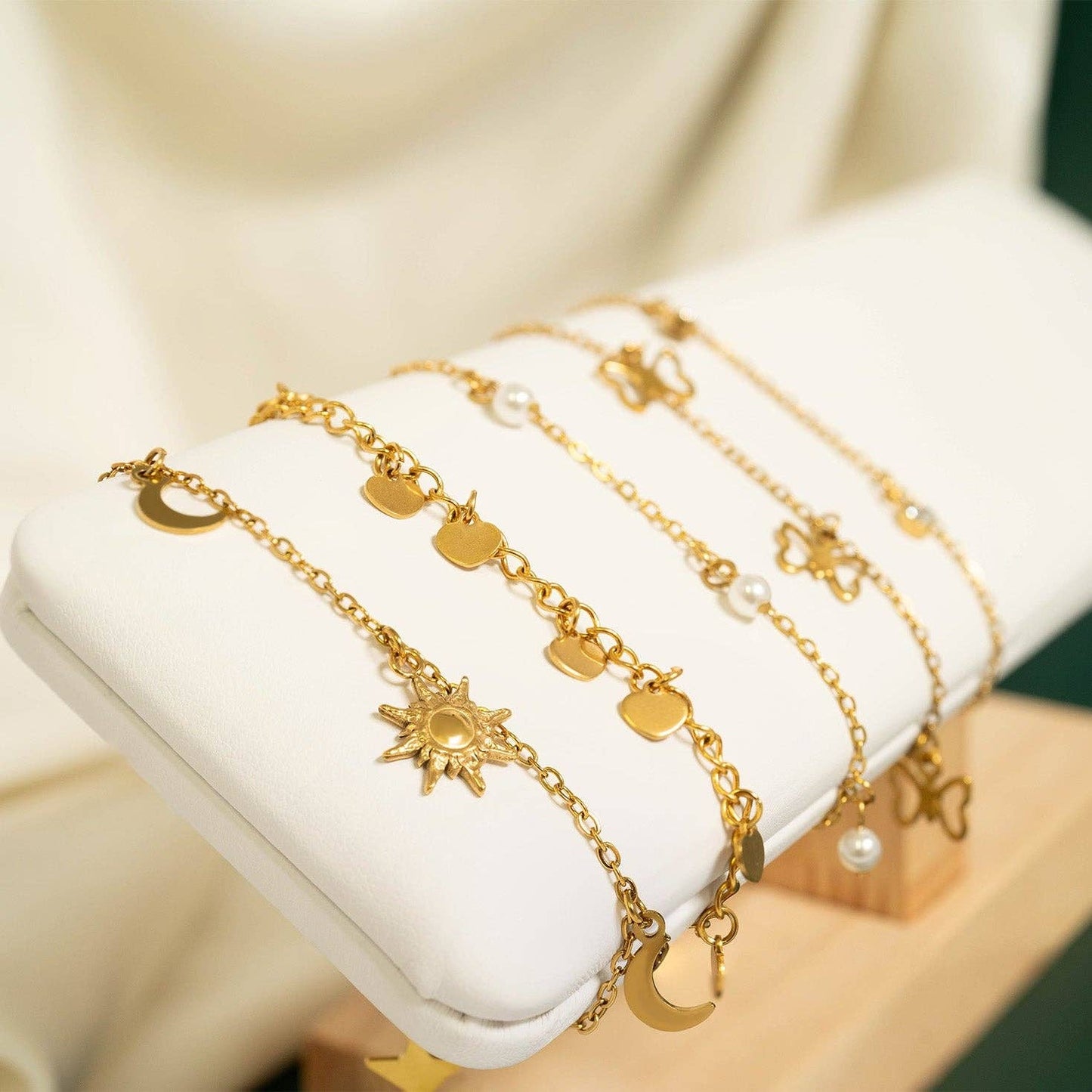 18K Gold PVD Stainless Steel Moon & Star Charm Anklet: Stainless