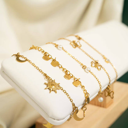 18K Gold PVD Stainless Steel Moon & Star Charm Anklet: Stainless