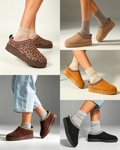WOMENS FAUX SUEDE EMBROIDERED COZY SLIPPERS BOOTS: CAMEL / Standard / UK7/US9