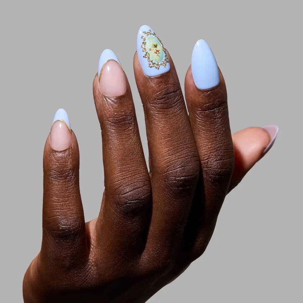 Angel In Blue Short Almond Press-On Nail |French Tip 3D Gold