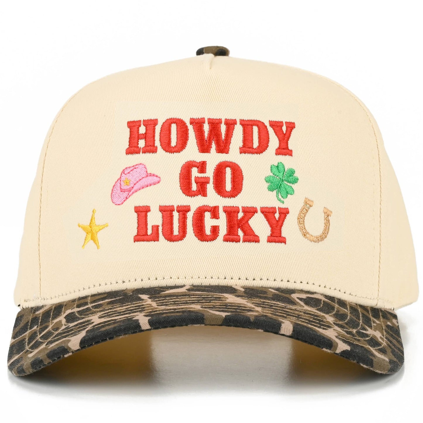 C.C HOWDY GO LUCKY Letter on Two Tone Trucker Hat: Leopard