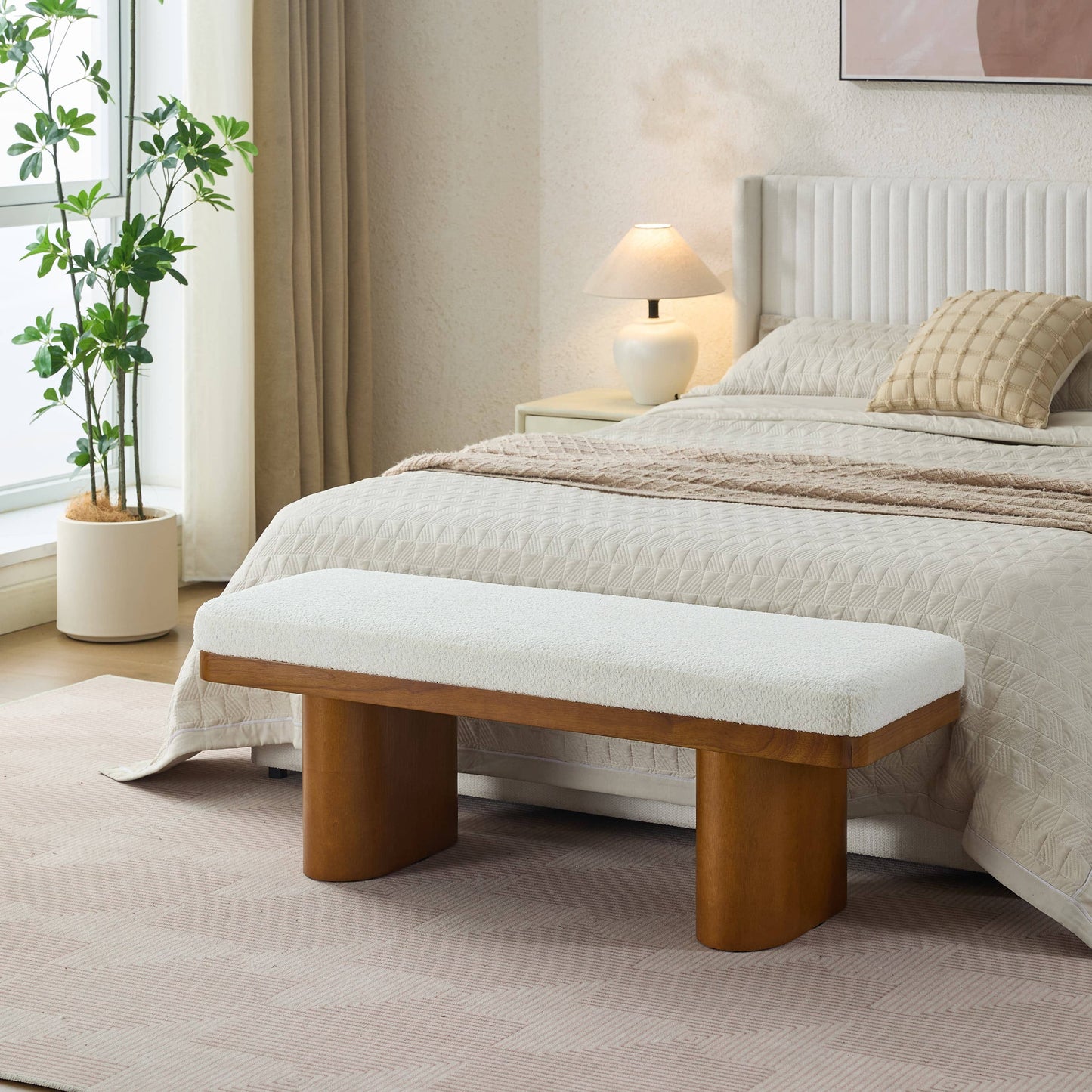 47.5" Wood Bed Bench Ottoman, Teddy Velvet Entryway Bench: Walnut