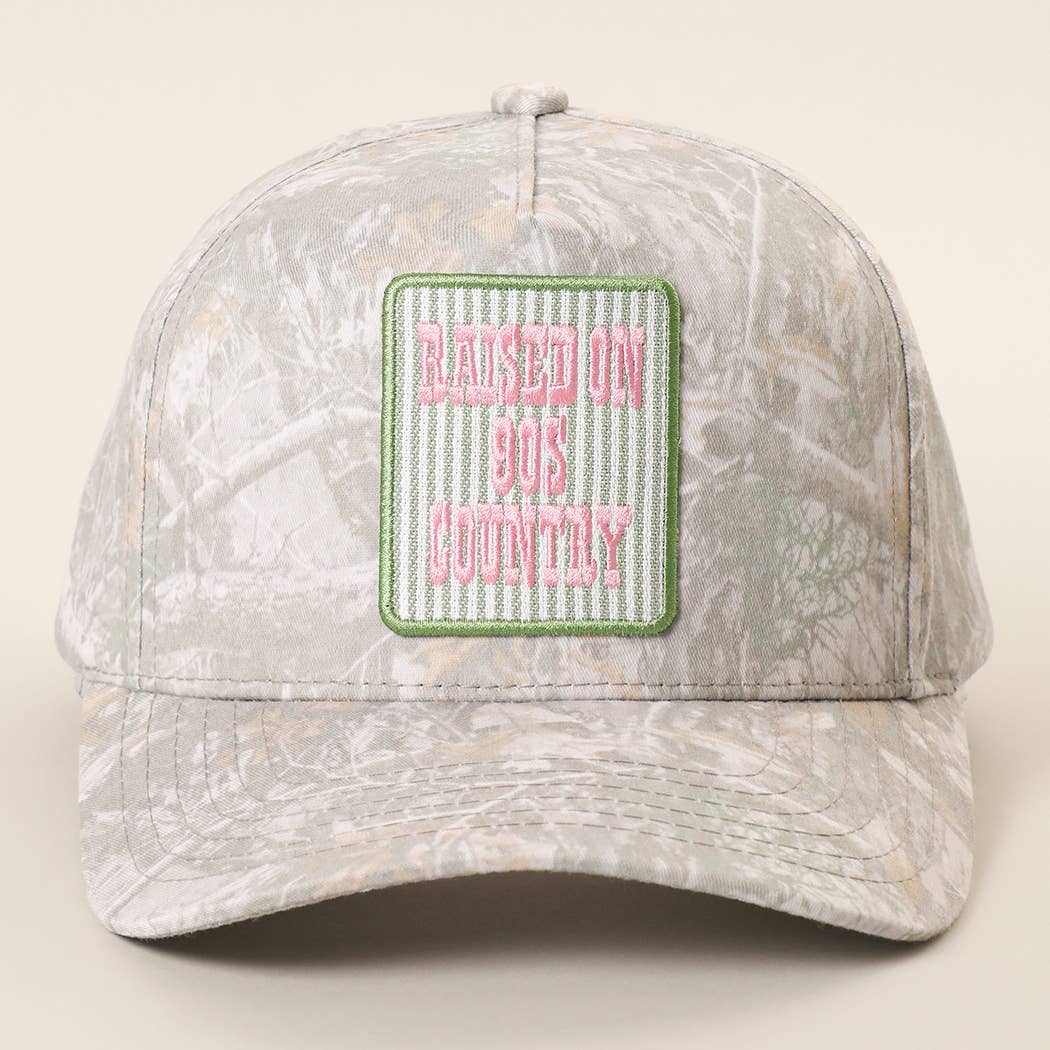 RAISED ON 90'S COUNTRY Embroidered Patch Camo Trucker Hat: LT CAMO-P351 / ONE SIZE