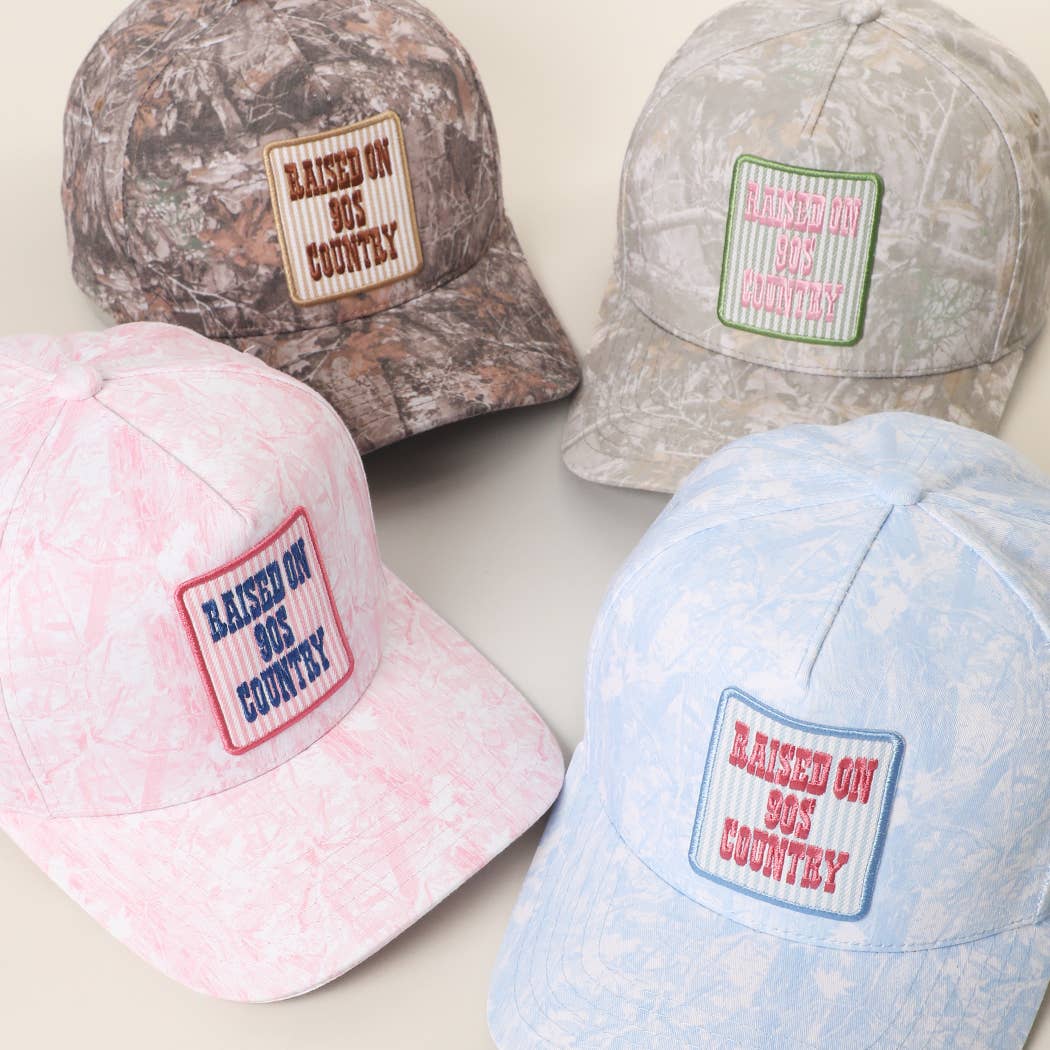 RAISED ON 90'S COUNTRY Embroidered Patch Camo Trucker Hat: DK CAMO-P352 / ONE SIZE