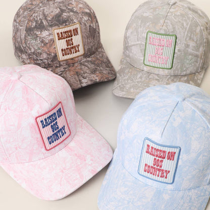 RAISED ON 90'S COUNTRY Embroidered Patch Camo Trucker Hat: DK CAMO-P352 / ONE SIZE