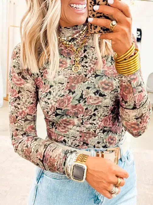 Black Retro Floral Print Mock Neck Mesh Long Sleeve Top