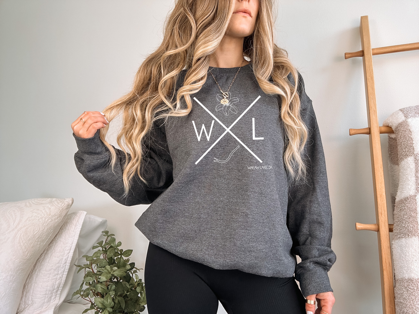 WAKAW LAKE Custom Crewneck - Adult: Dark Heather / Wakaw Lake Word Art / Small