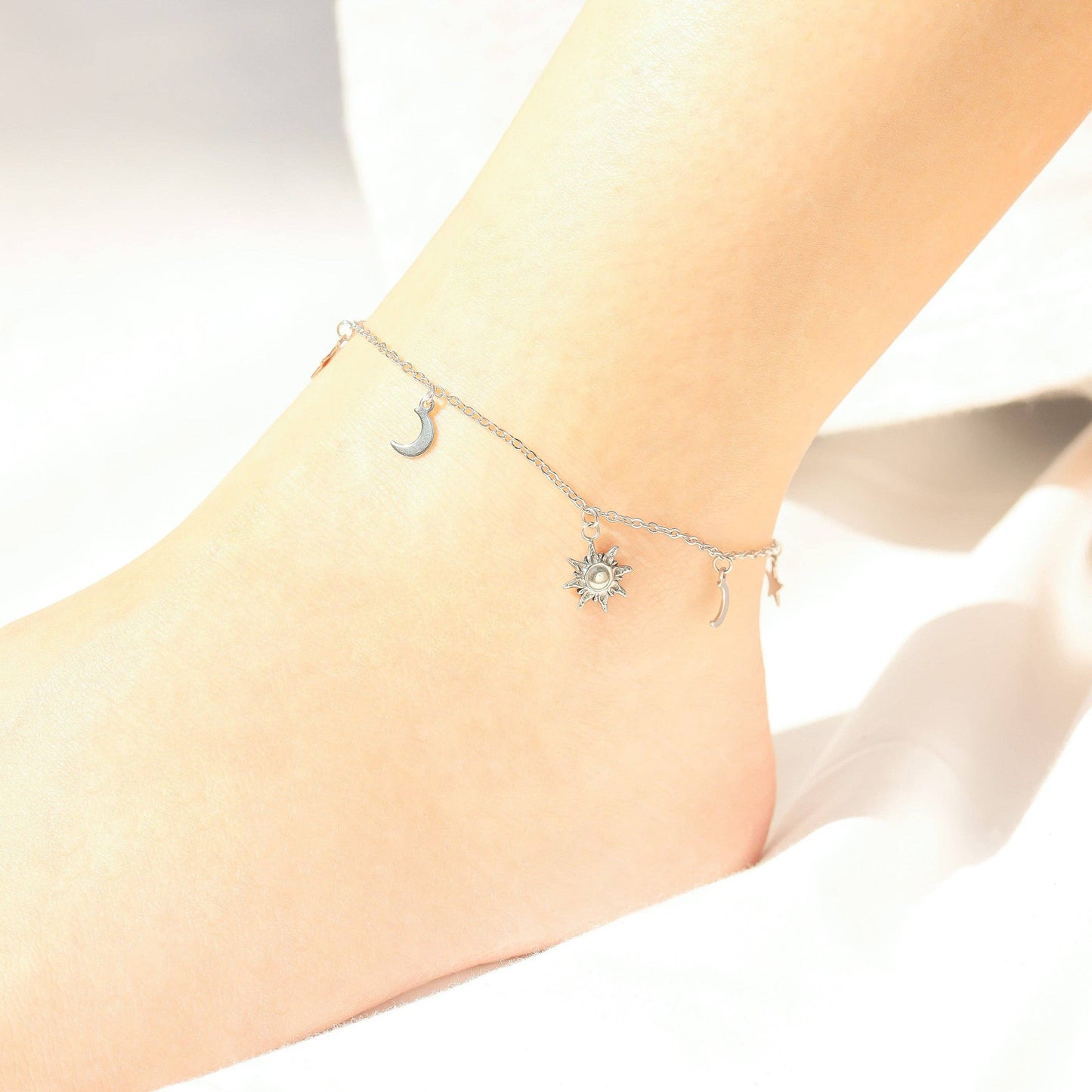 18K Gold PVD Stainless Steel Moon & Star Charm Anklet: Stainless