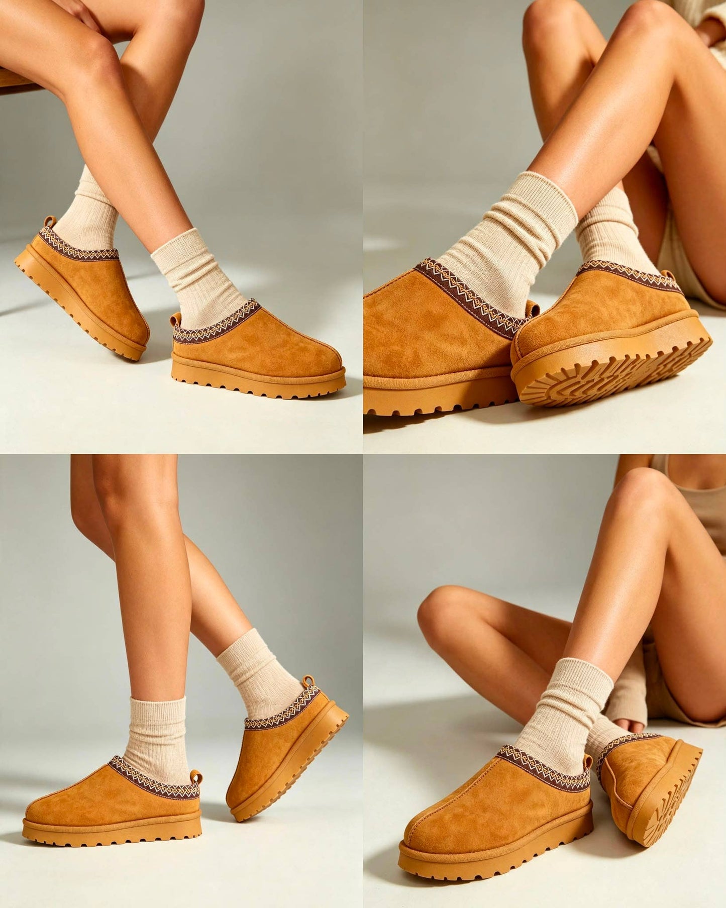 WOMENS FAUX SUEDE EMBROIDERED COZY SLIPPERS BOOTS: BROWN / Standard / UK7/US9
