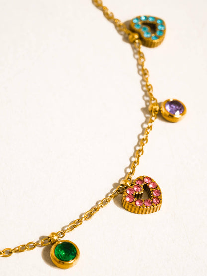 Genoa 18K Gold Non-Tarnish CZ Heart Charm Necklace: Multi-Colored