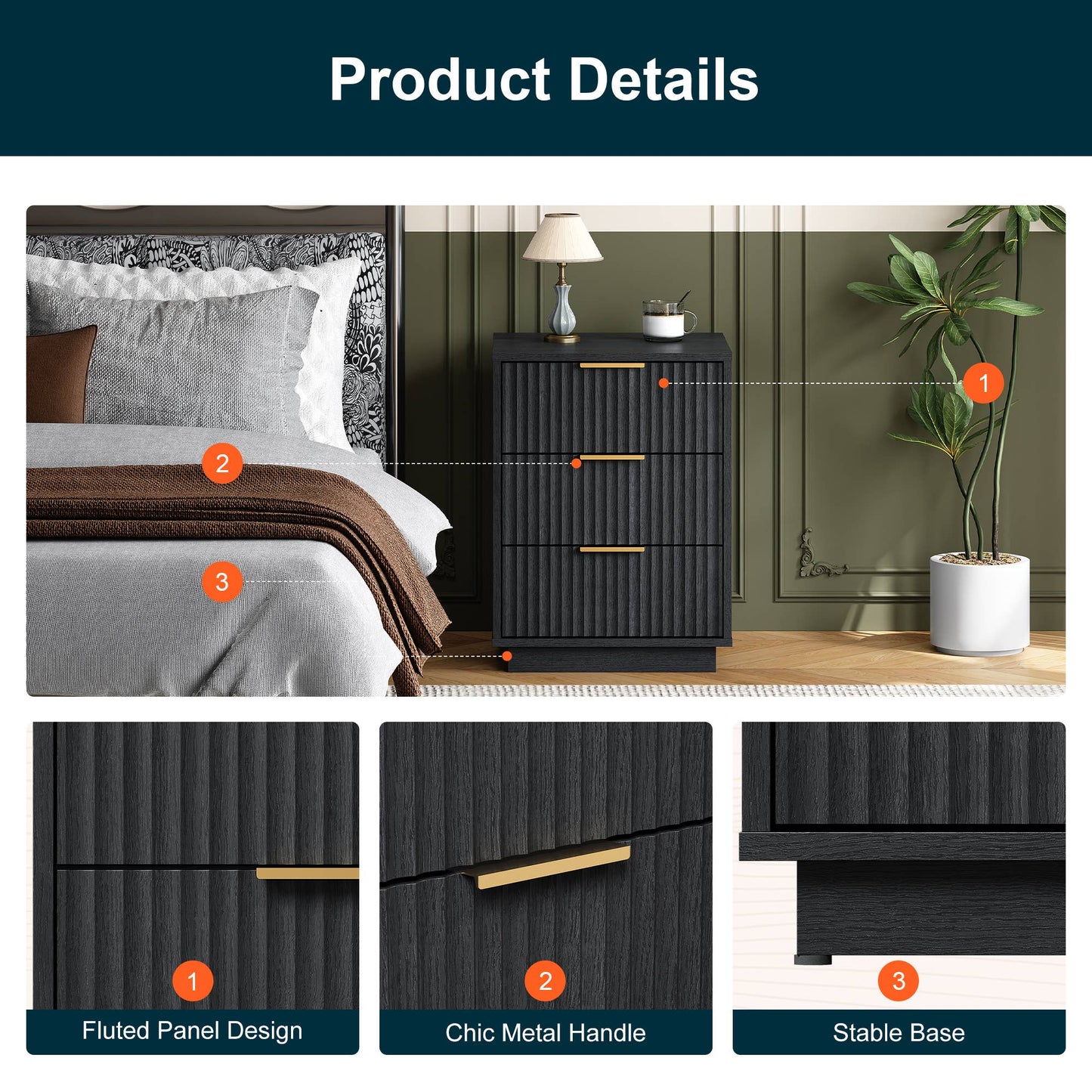 3-Drawer Low Storage Cabinet: Black