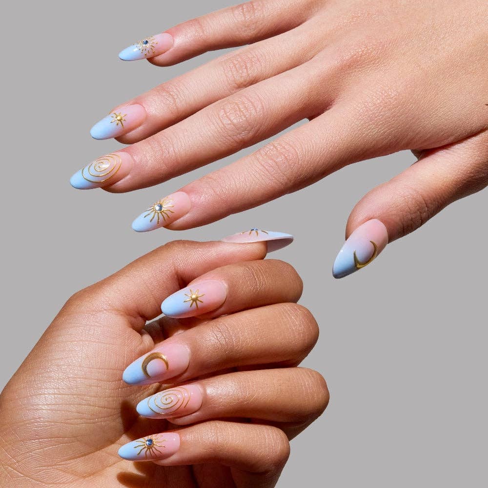 Spirited Sky Press-On Nails | Blue Gold Ombre Medium Oval