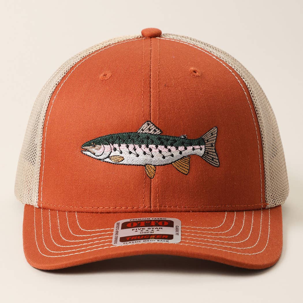 Rainbow Trout Fish Embroidered Mesh Back Trucker Hat: Black/Heather Gray/Black / ONE SIZE