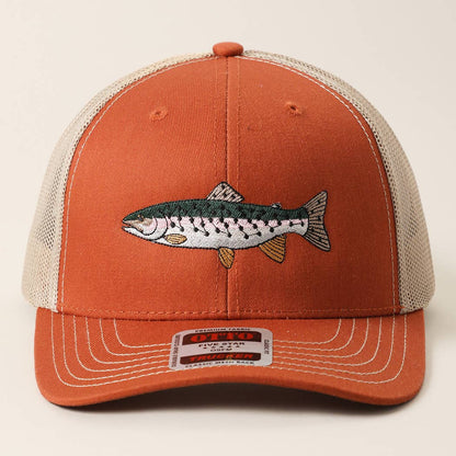 Rainbow Trout Fish Embroidered Mesh Back Trucker Hat: Black/Heather Gray/Black / ONE SIZE