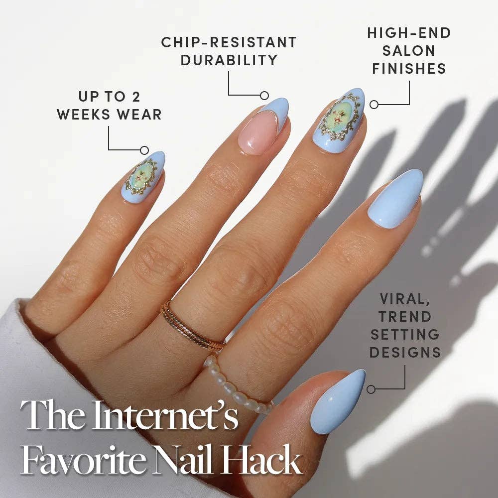 Angel In Blue Short Almond Press-On Nail |French Tip 3D Gold