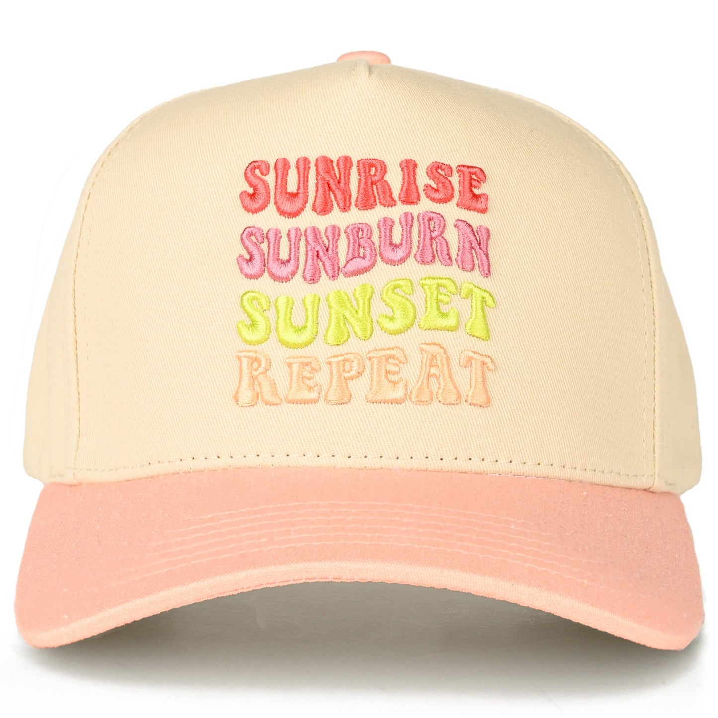 C.C SUNRISE SUNBURN SUNSET REPEAT on Two Tone Trucker Hat: Peach