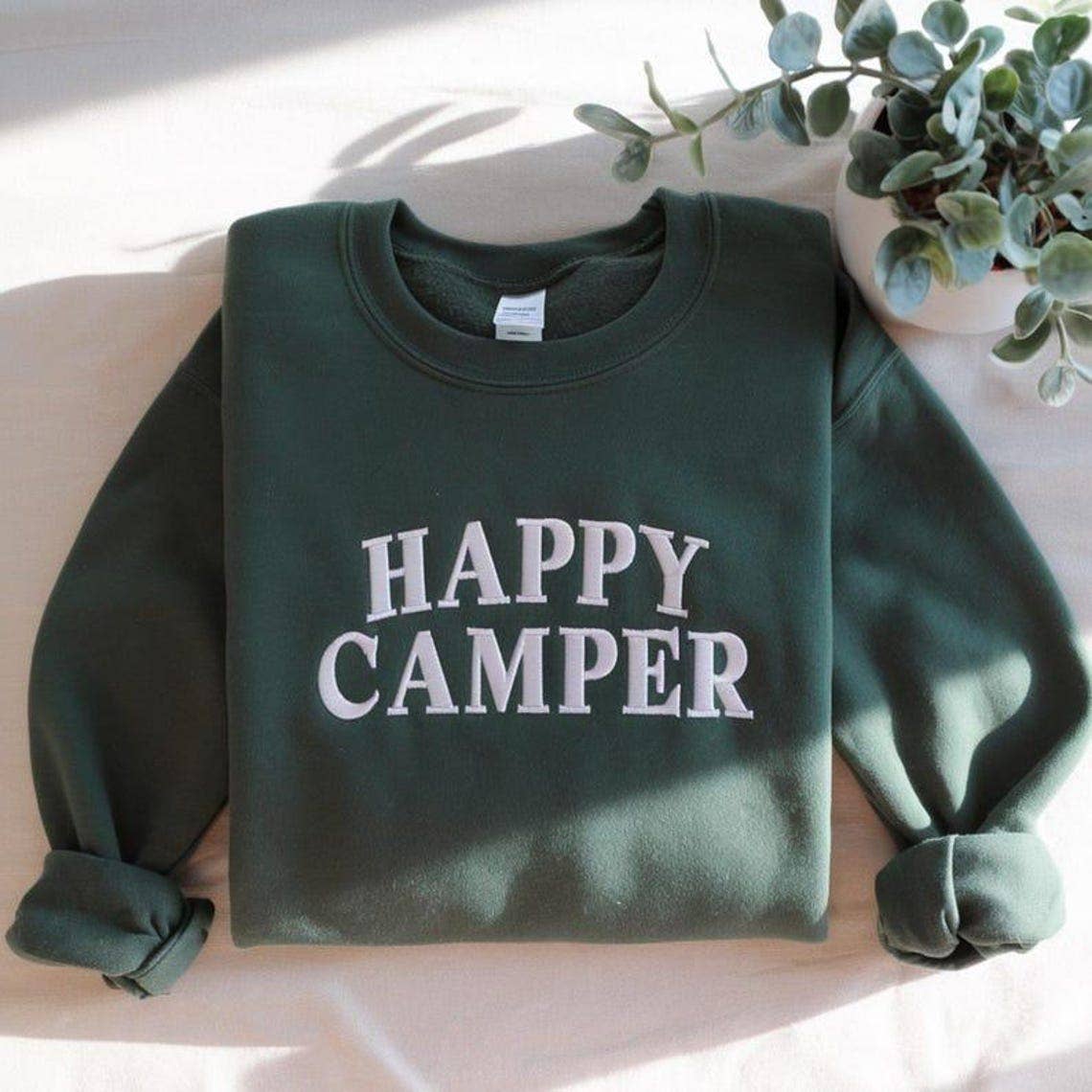 Embroidered Happy Camper Cozy Crewneck: Forest Green / Sm / Sweatshirt