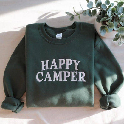 Embroidered Happy Camper Cozy Crewneck: Forest Green / XX Large / Sweatshirt