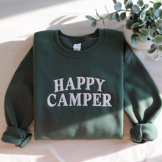 Embroidered Happy Camper Cozy Crewneck: Forest Green / Med / Sweatshirt