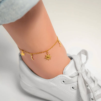 18K Gold PVD Stainless Steel Moon & Star Charm Anklet: Stainless