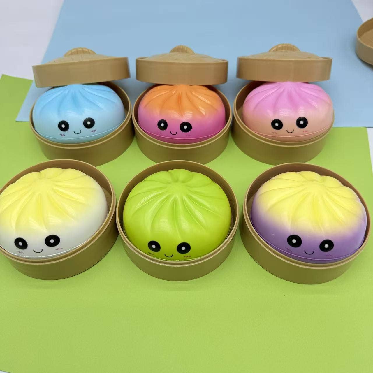 Colorful Dumpling Shape Squishy Slow Rising Gift Box Toy: Dumpling Squishy Set with Steamer Display Box