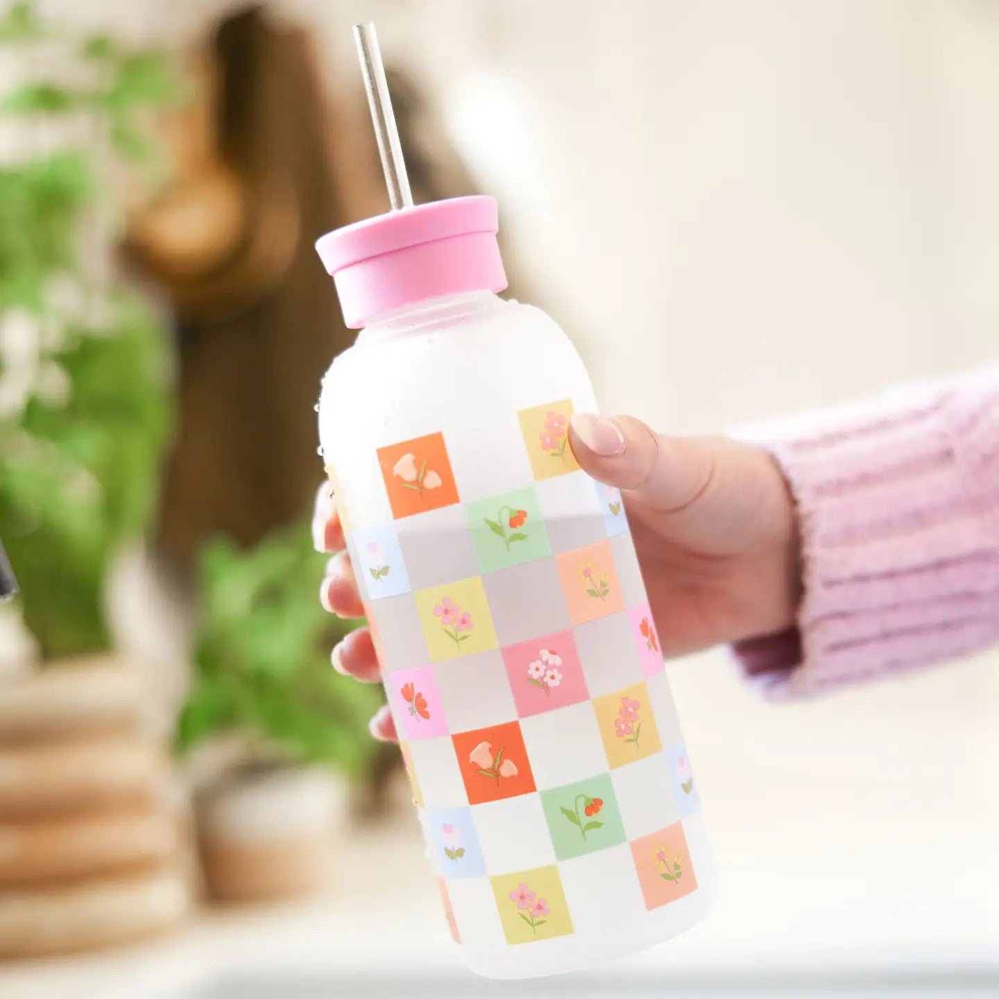 Checkerboard Blooms Glass Water Bottle with Straw