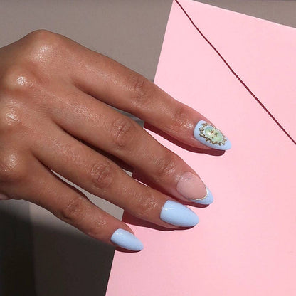 Angel In Blue Short Almond Press-On Nail |French Tip 3D Gold