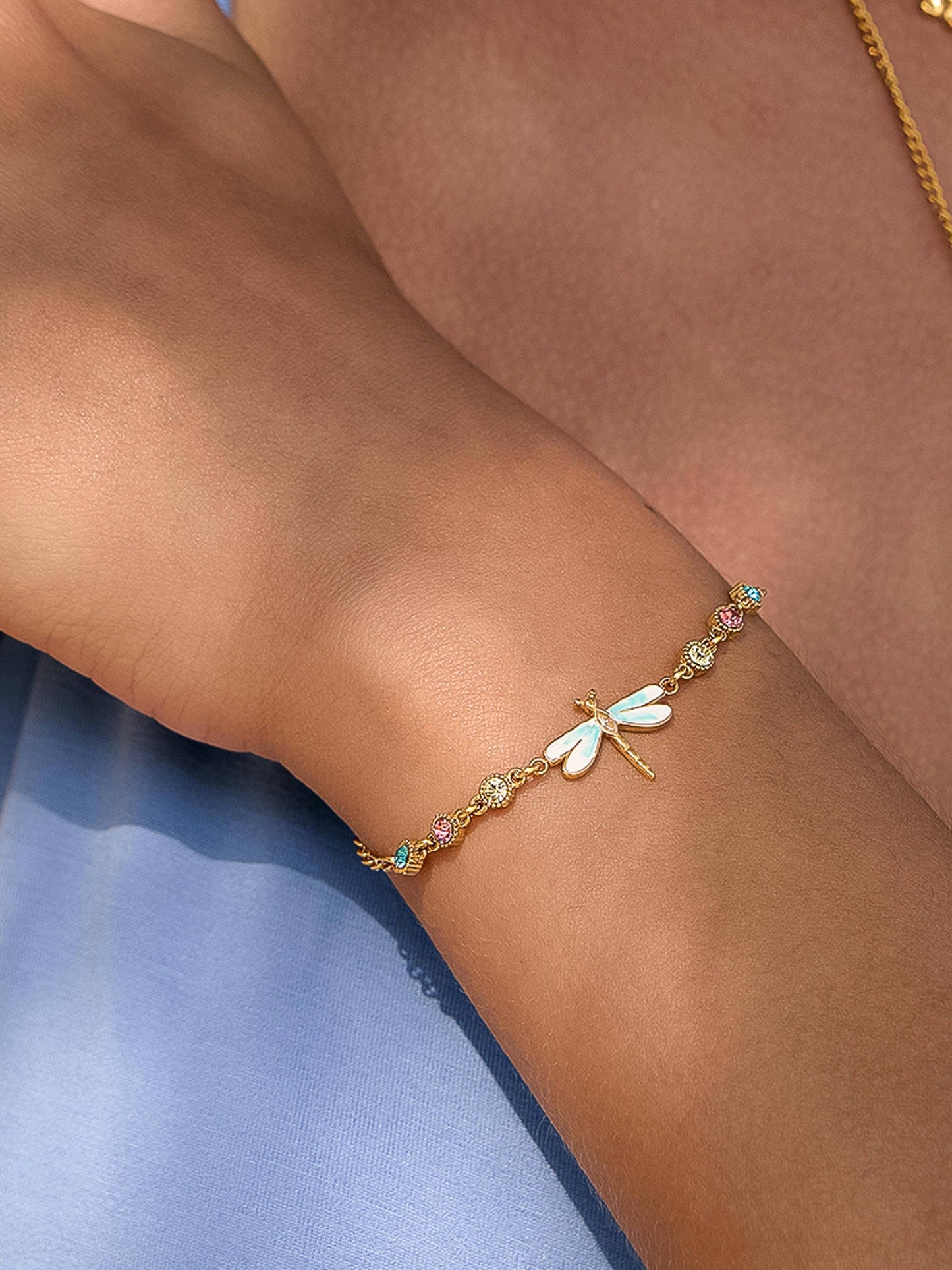 Finora 18K Gold Non-Tarnish CZ Dragonfly Chain Bracelet: Multi-Colored