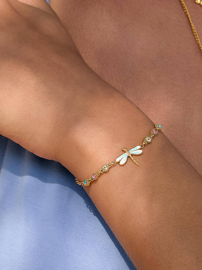 Finora 18K Gold Non-Tarnish CZ Dragonfly Chain Bracelet: Multi-Colored