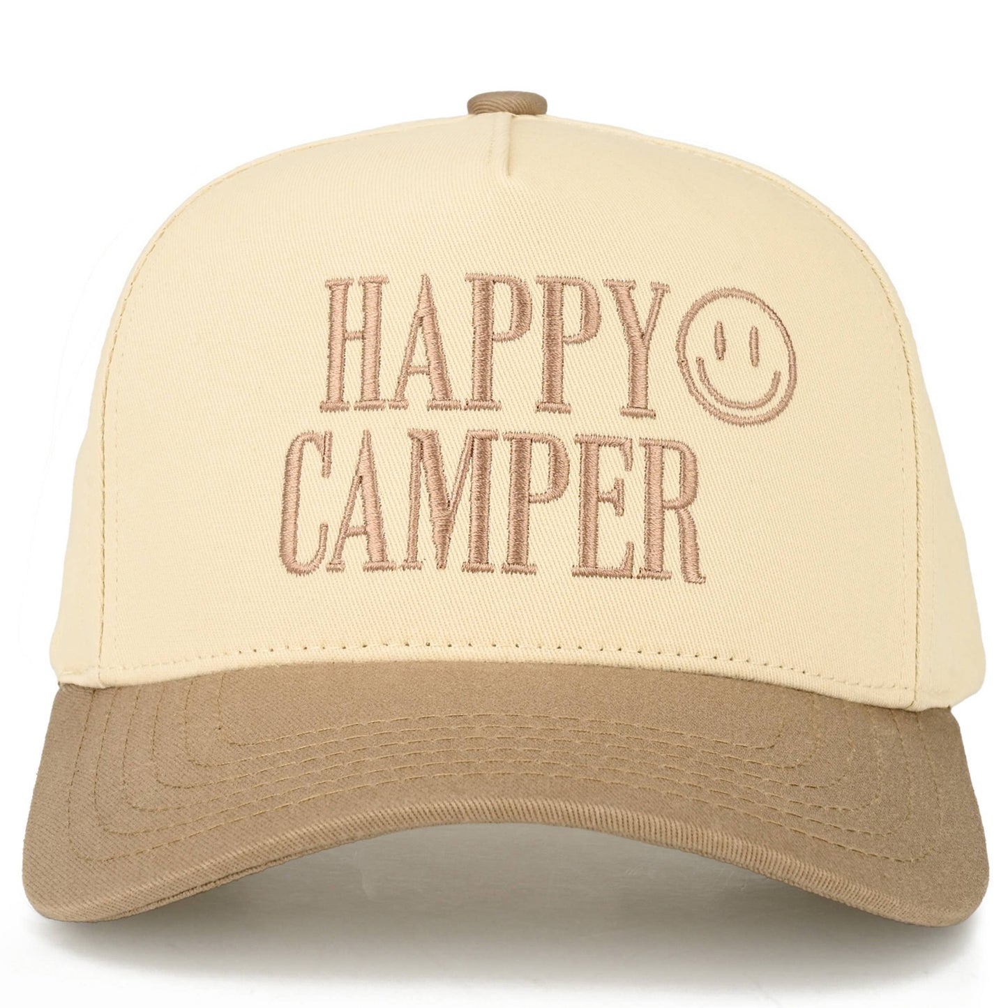 C.C HAPPY CAMPER Letter Embroidered on Two Tone Trucker Hat: Dark Green