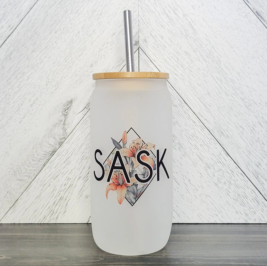 Sask Diamond Frosted glass Can with Bamboo Lid | Saskatchewan