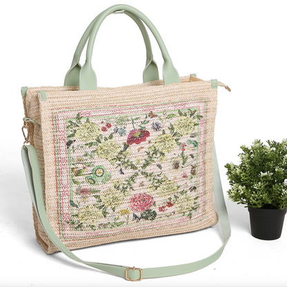 Pattern Print Square Shape Straw Crossbody Tote Bag- Floral