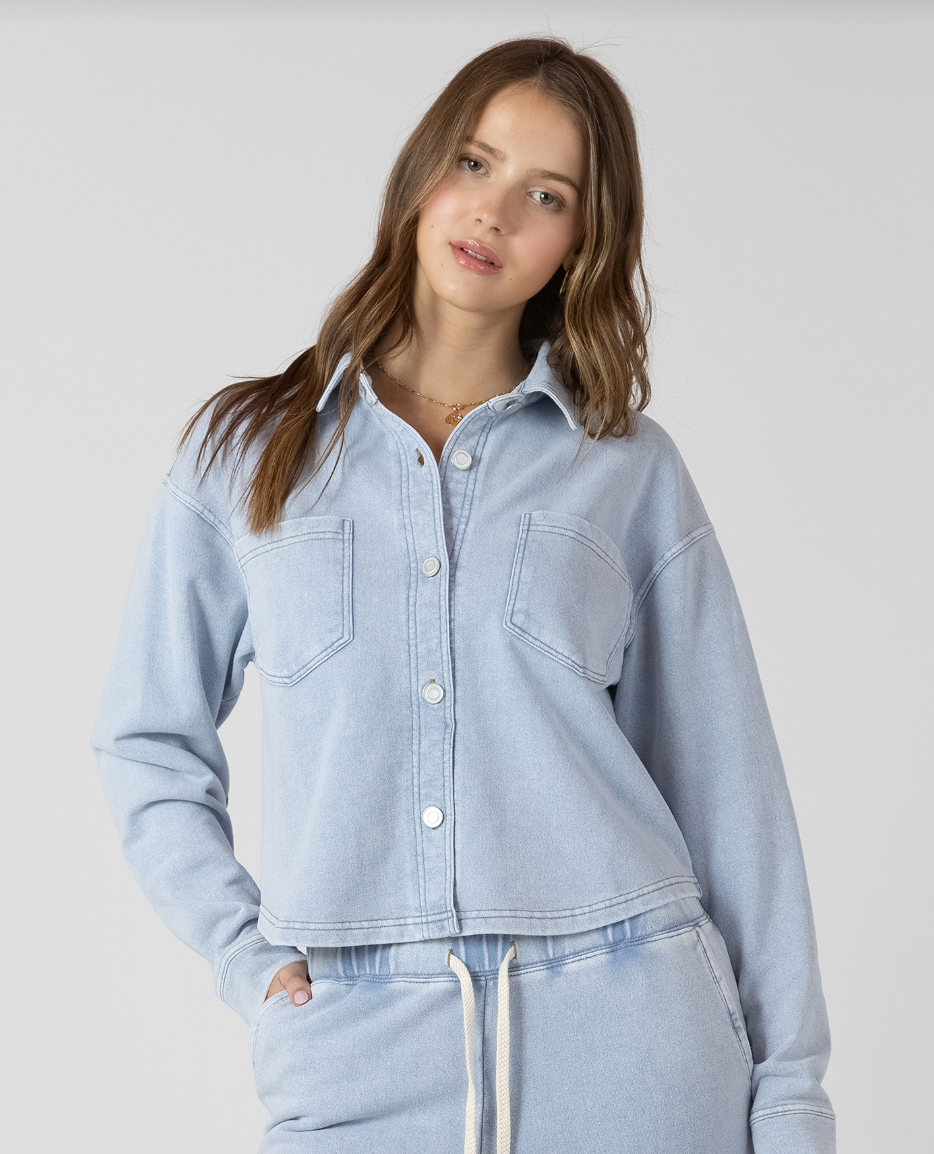 CROPPED KNIT OVERSHIRT - WASHED LIGHT BLUE