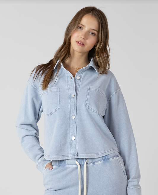 CROPPED KNIT OVERSHIRT - WASHED LIGHT BLUE