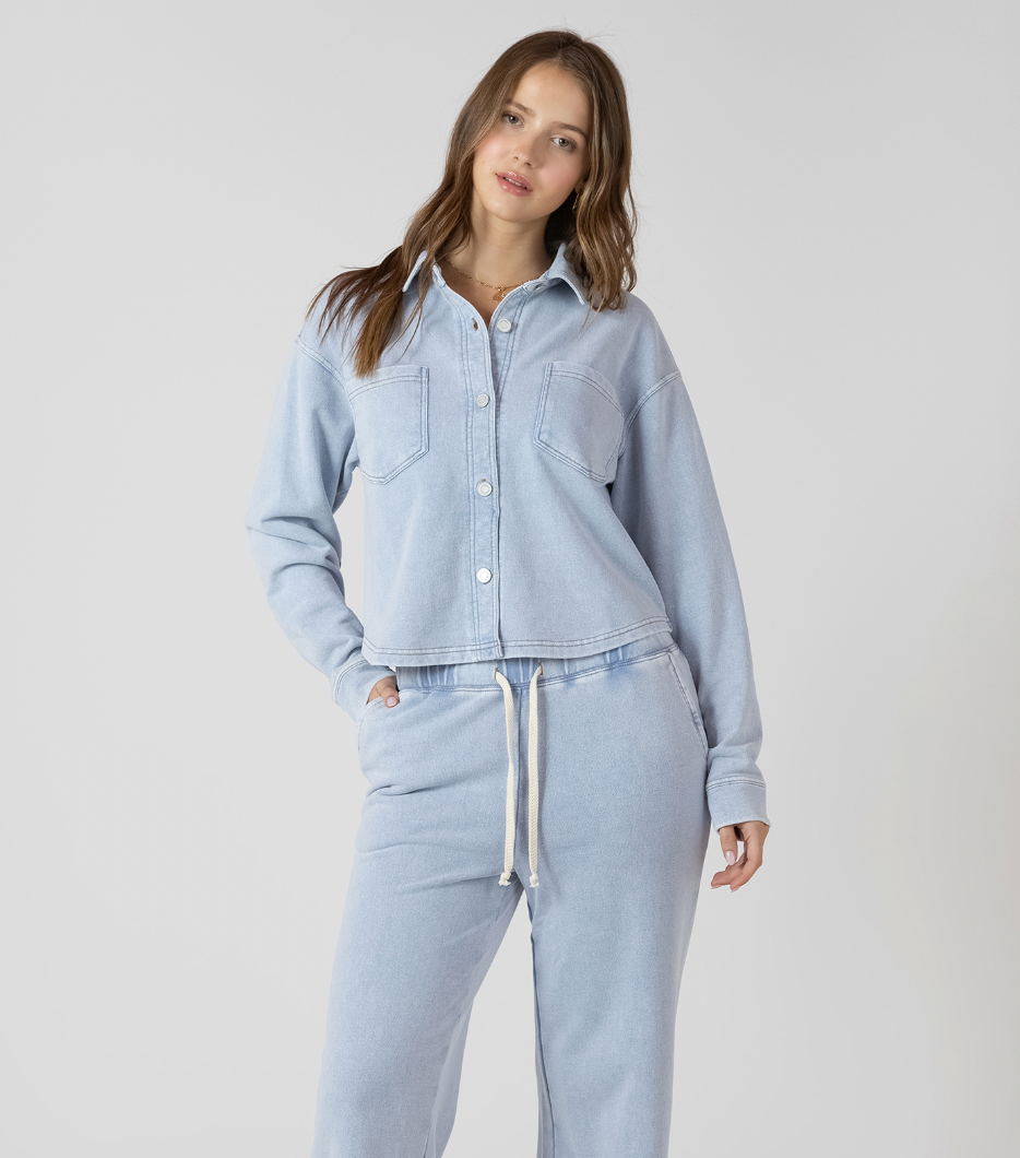 CROPPED KNIT OVERSHIRT - WASHED LIGHT BLUE
