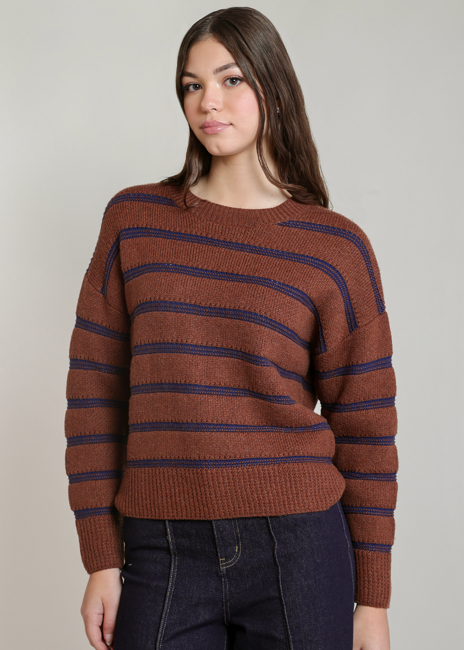 DEX - STRIPE CREWNECK SWEATER - RUSTIC BROWN/BLUE